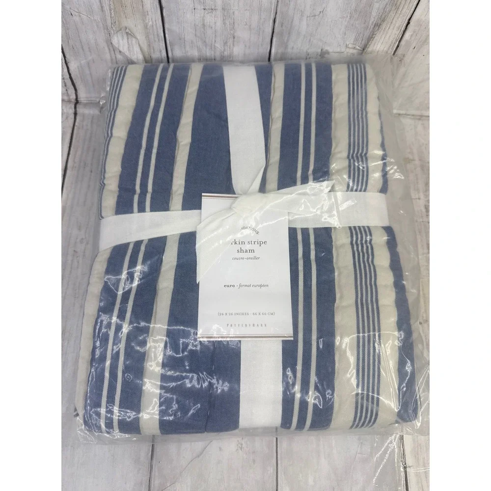 Pottery Barn Foundations Larkin Stripe Euro Sham Blue White Set of 4 26x26 NEW